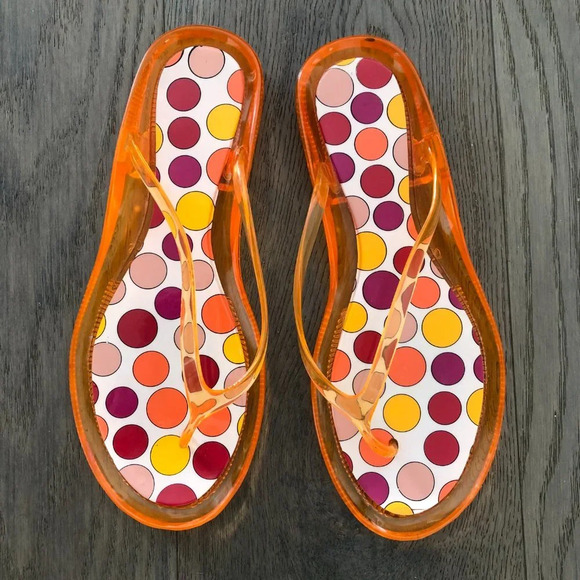 Vintage Synthetic Man-Made Beach Flip-Flop Sandals Orange Polka Dot Sz L 9 - 10 - Picture 5 of 7